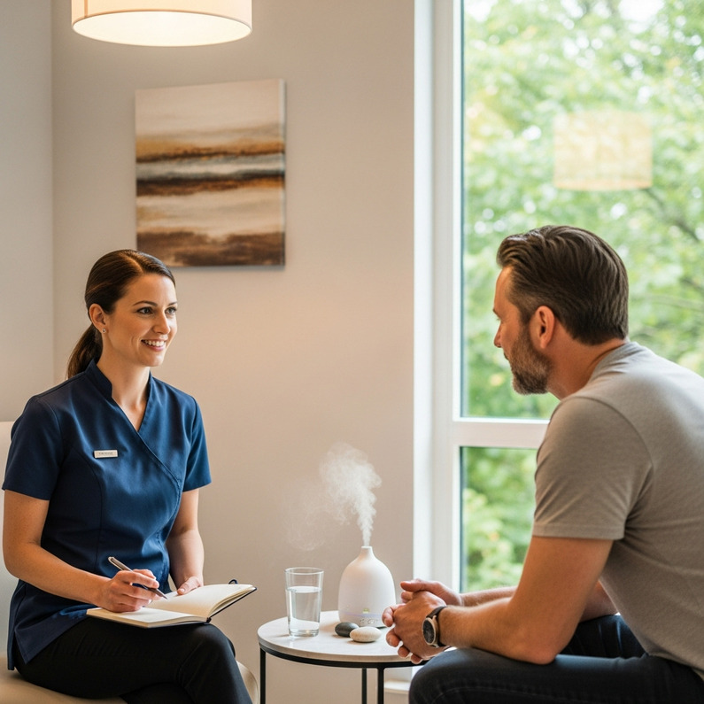 Massage Therapist consulting client before session