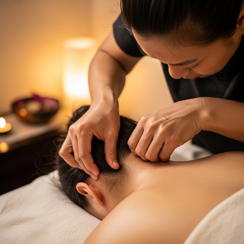 Therapist applying focused neck pressure during Asian massage session